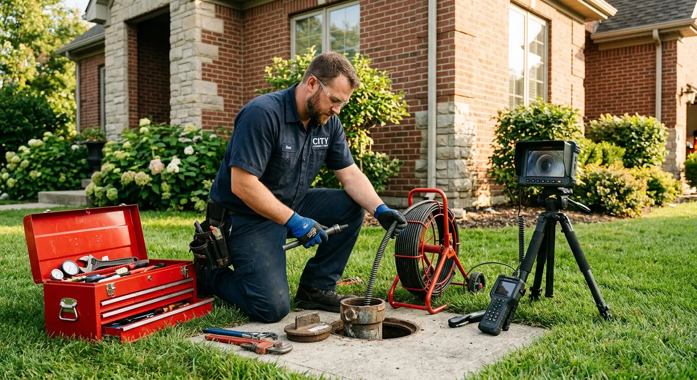 Sewer specialist with camera equipment servicing a cleanout in Epping