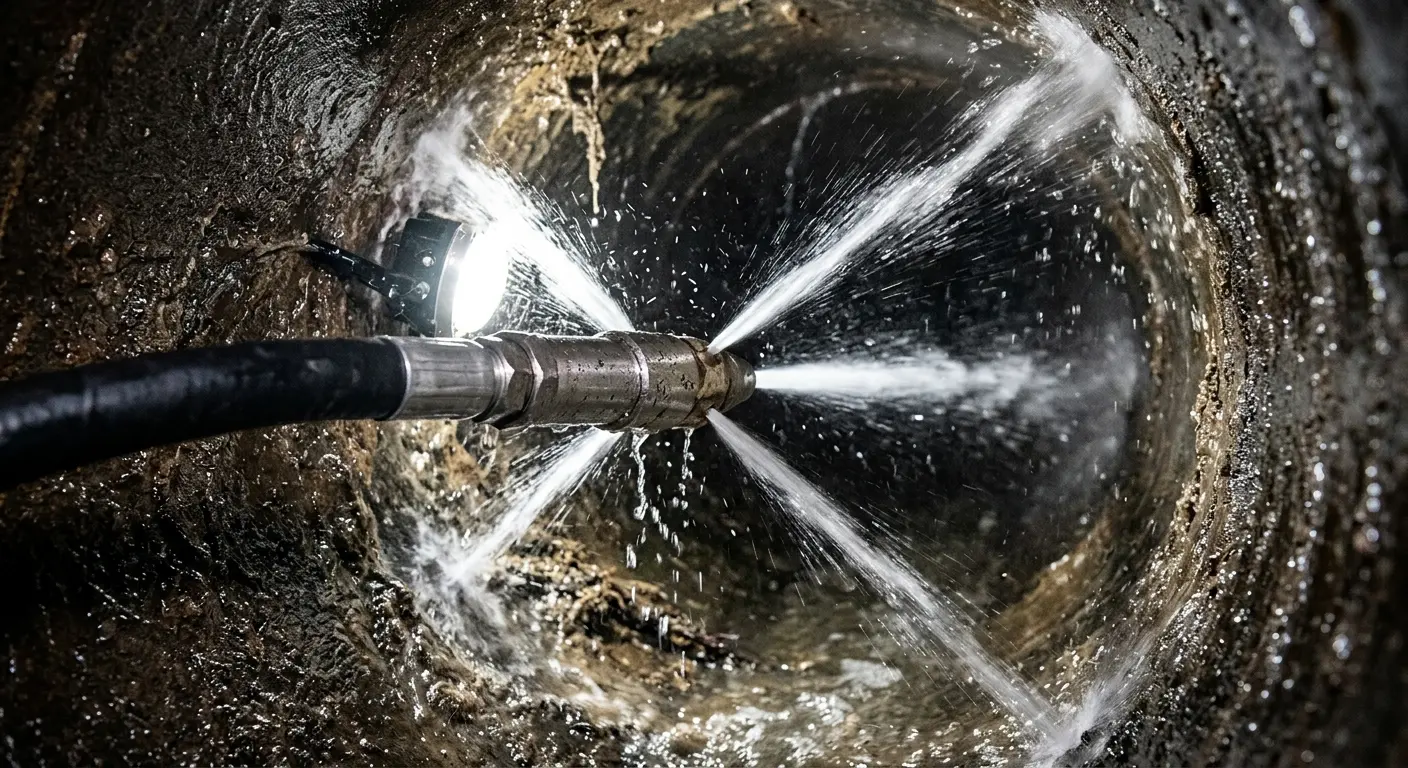 High-pressure hydro jetting nozzle cleaning sewer pipe for Sewer Cleanout in Epping