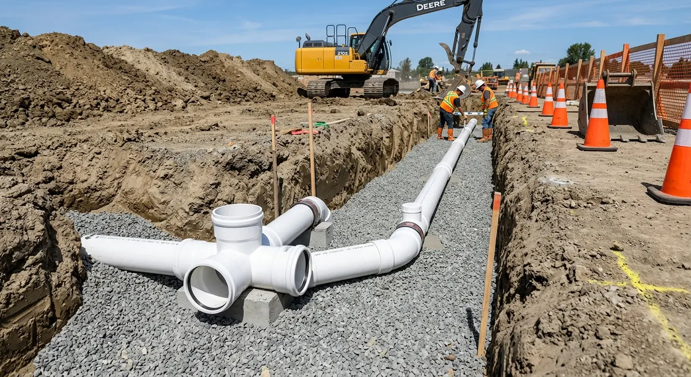 New PVC sewer pipe installation in open trench for Sewer Backup in Epping