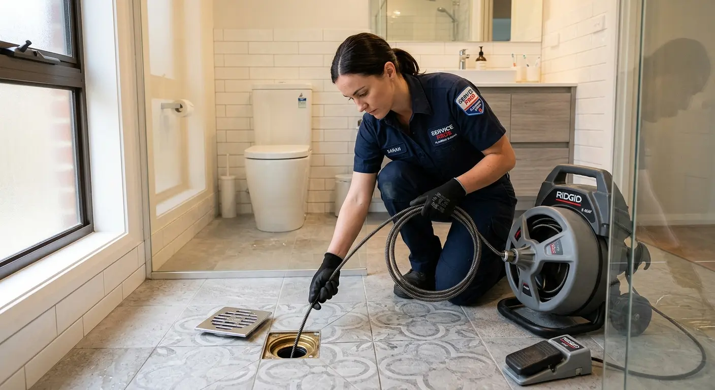 Technician clearing a bathroom floor drain for Sewer Line Replacement in Epping